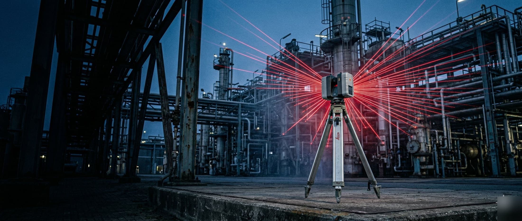 3D laser scanner met rode laserstralen in industriële omgeving